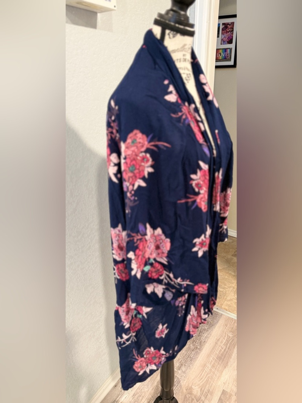 Patrons of Peace Small Boho Floral Kimono Cardigan Navy Pink Flowy Open Front - Picture 5 of 7